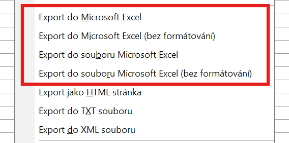 Soubor:Wiki obrázky - Možnosti exportu do Excelu.png